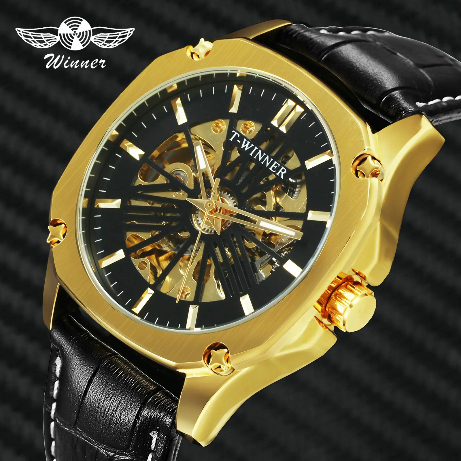 Победитель официальный автоматические часы для мужчин Скелет Механические панк человек часы люксовый бренд кожаный ремешок Золотой квадрат наручные часы