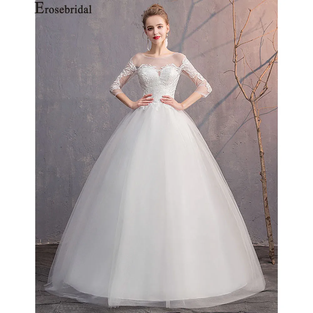 

Erosebridal New Arrival Lace Wedding Dresses 2019 Simple Wedding Dresses Ball Gown Appliques Lace up Three Quarter Vestido