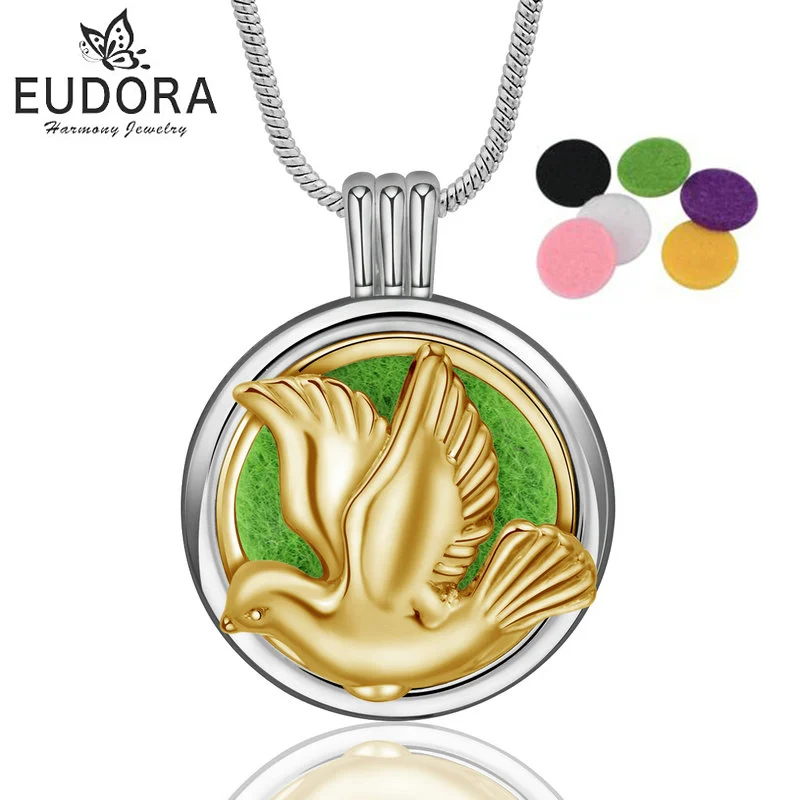 

EUDORA 20mm Aroma Diffuser Necklace Pigeons Pendant Perfume Essential Oil Aromatherapy Locket Women Necklace With Pads X61G20