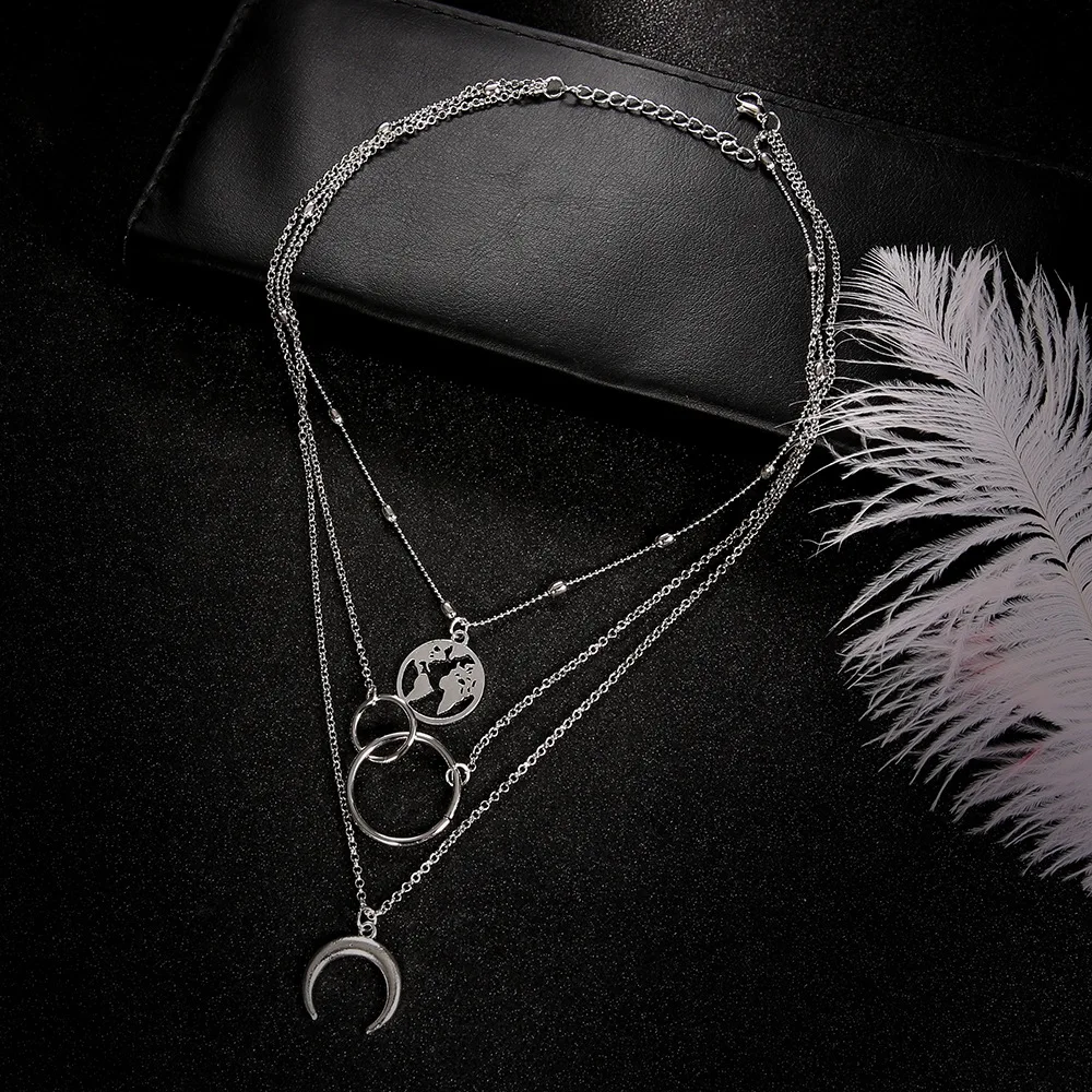 

Fashion Retro Moon World Map Circle Pendant Multilayer Silver Necklace Ronud Tree Party Charm Jewelry Accessories Women Gifts