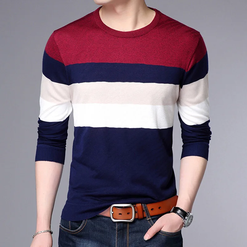Мужской свитер Повседневный толстый теплый вязаный полосатый свитер для мужчин облегающий флисовый пуловер с длинным рукавом размера плюс 4XL - Цвет: 601 Red