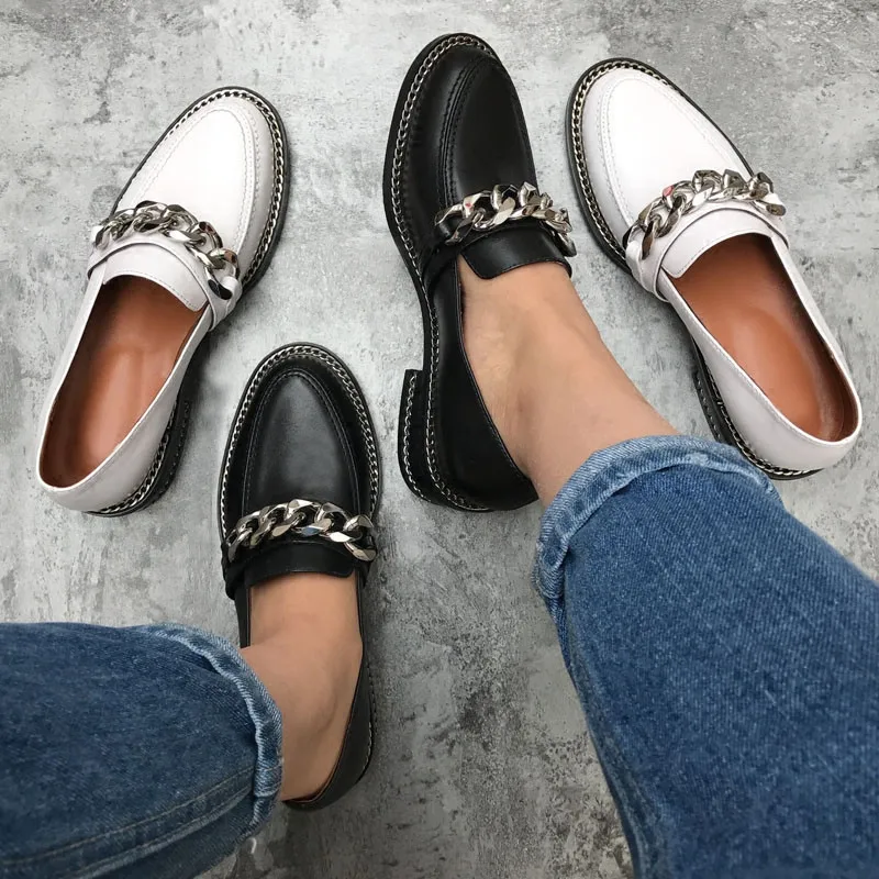 Thick Metal Chain Woman Loafers Genuine Leather Lady Flat Shoes Luxury