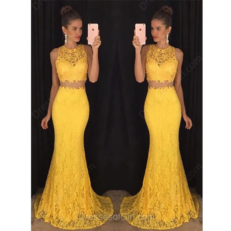 

Two Pieces Gown Long Evening Dresses Mermaid vestidos de festa 2018 Lace robe de soiree O-Neck Yellow Formal Evening Party Dress