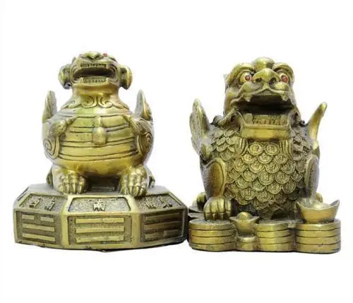

Chinese Fengshui Bronze Wealth Yuanbao Money Dragon Pixiu Beast Bronze Statues