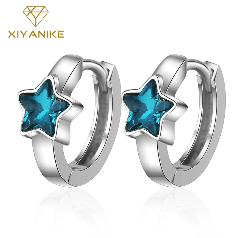

XIYANIKE 925 Sterling Silver Fashion Blue Five-pointed Star Crystal Earrings For Women Korean Simple Round Triangle Jewelry Gift