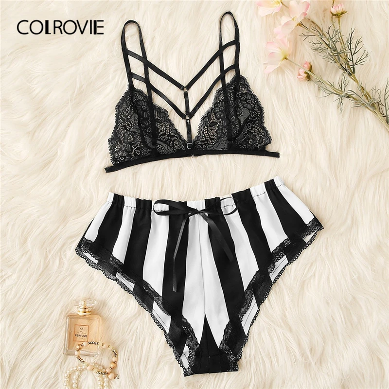 

COLROVIE Black and White Floral Lace Bralette With Satin Striped Shorts Sexy Pajama Set Women 2019 Summer Sleeveless Sleepwear