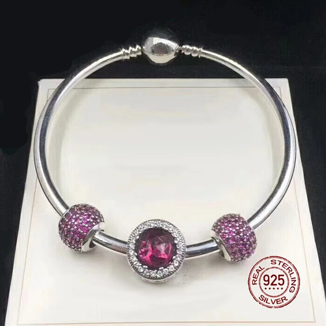 

NEW 100% 925 Sterling Silver Bracelet Rose Red Charm Bangles for Women With DIY Beads Modern Love Jewelry Bracelet Set Gift