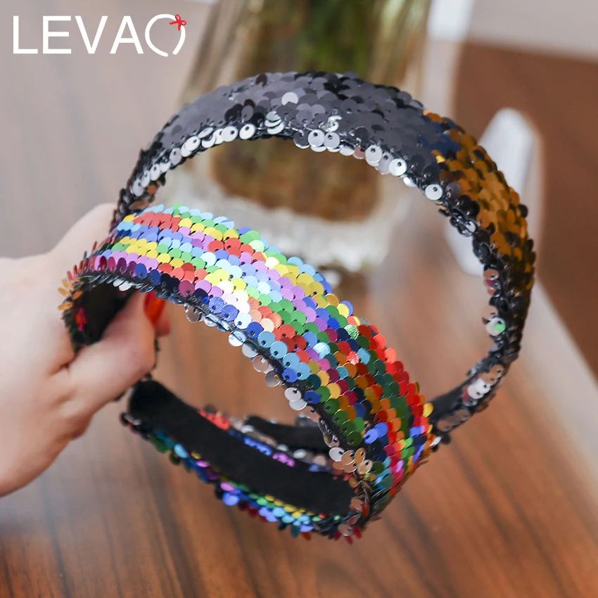 

Levao Sequence Handmade Full Head Headband Cute Girls Hair Accessories 2019 New Sequins Wide Double Color Hairband Hair Band