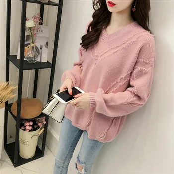 

Winter Autumn Tassels Sweater 2019 New V-neck Knitted Women Sweater Sweet Pink Women Sweaters and Pullovers Mujer
