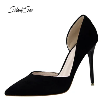 

Silentsea 10.5cm Thin Heel Women Pumps High Quality Flock Sandal Ladies Trendy Side Hollow Shoes Pointed Toe Stilettos Black