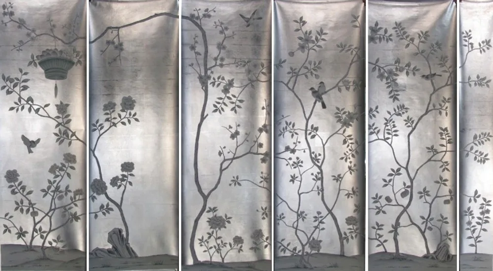 

Luxurious Hand-painted silver gold foil wallpaper painting painting flowers with birds many arts and background optional
