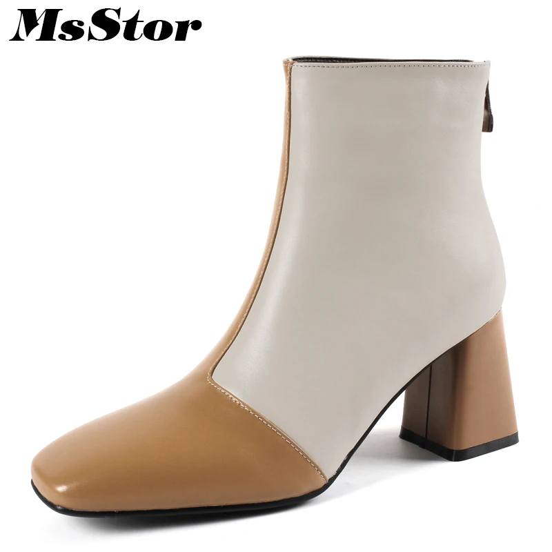 

MsStor Square Toe High Heel Women Boots Fashion Zipper Square heel Ankle Boots Women Shoes Genuine Leather Boot Shoes For Girl