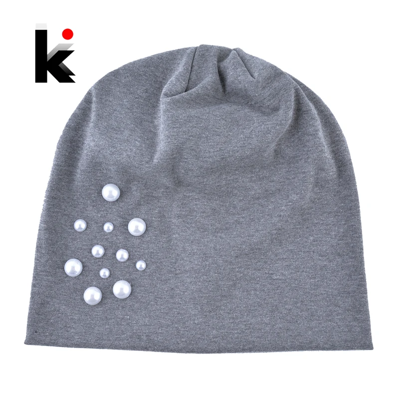 

New Arrivals Pearls Beanie Ladies Fashion Solid Hat Spring Casual Skullies Beanies Women Autumn Cotton Gorras Female Touca