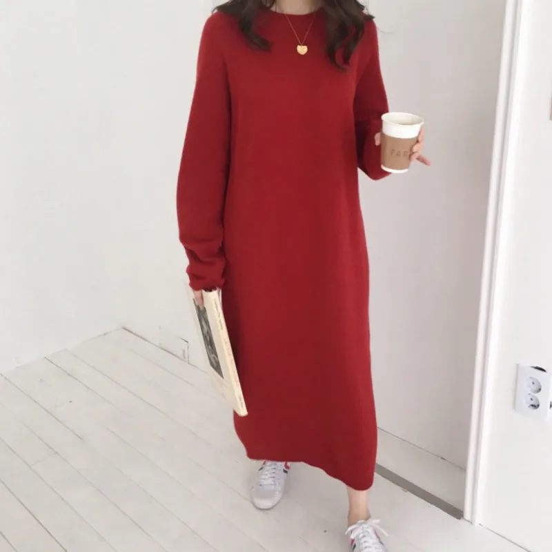 Tanie Kobiety jesień zima z długim rękawem długa sukienka sweter ciepłe kobiety sweter z dzianiny Casual solidna luźna sukienka Plus rozmiar sukienka kobieta