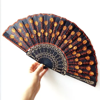 

Colorful Lady Spanish Embroidered Sequins Hand Flower Lace Folding Fan "Peacock Showing Expectations of love" W7485