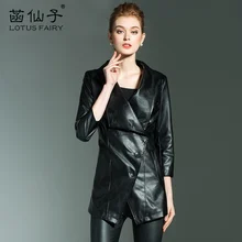 Genuine Leather Medium Single Breasted Plus Size Office Lady Leather Jacket Woman Three Quarter Turn-down Collar Motorcycle Coat