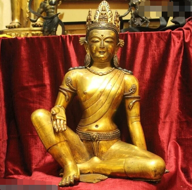 R0720 Подробная Информация о 17 "Тибет Буддизм Храм Фиолетовая Бронзовый 24 К Золото Сидеть домашний Статуя Будды
