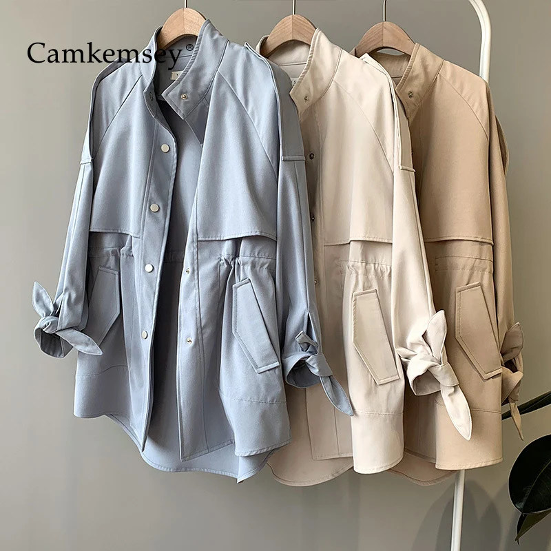 

CamKemsey Spring Women Trench Coat 2019 Autumn Fashion Stand Collar Casual Pockets Single Breasted Adjust Waist Long Coat Female