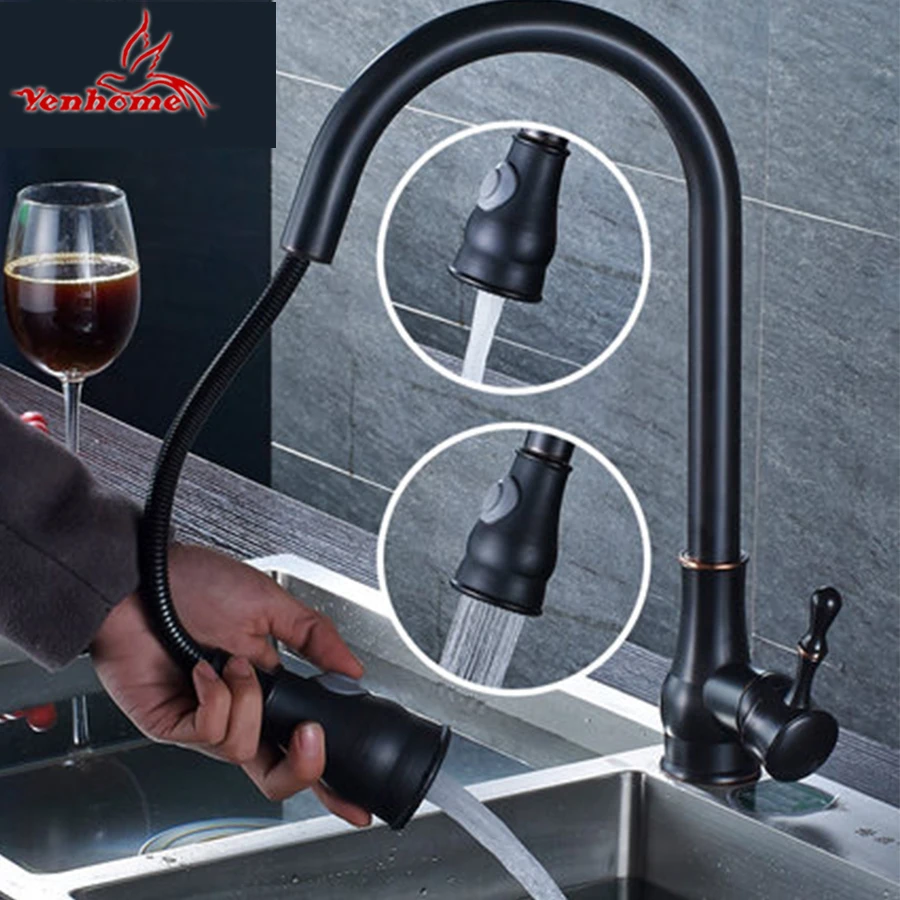 

Solid Brass Black Finish Kitchen Faucet Pull Out Mixer Tap 2 Way Function Water Come Out Deck Mounted Cold and Hot Water Faucet