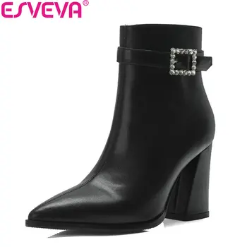 

ESVEVA 2019 Women Boots Ankle Boots Zipper Western Style Crystal Square High Heels Pointed Toe Woman Chelsea Shoes Size 34-40