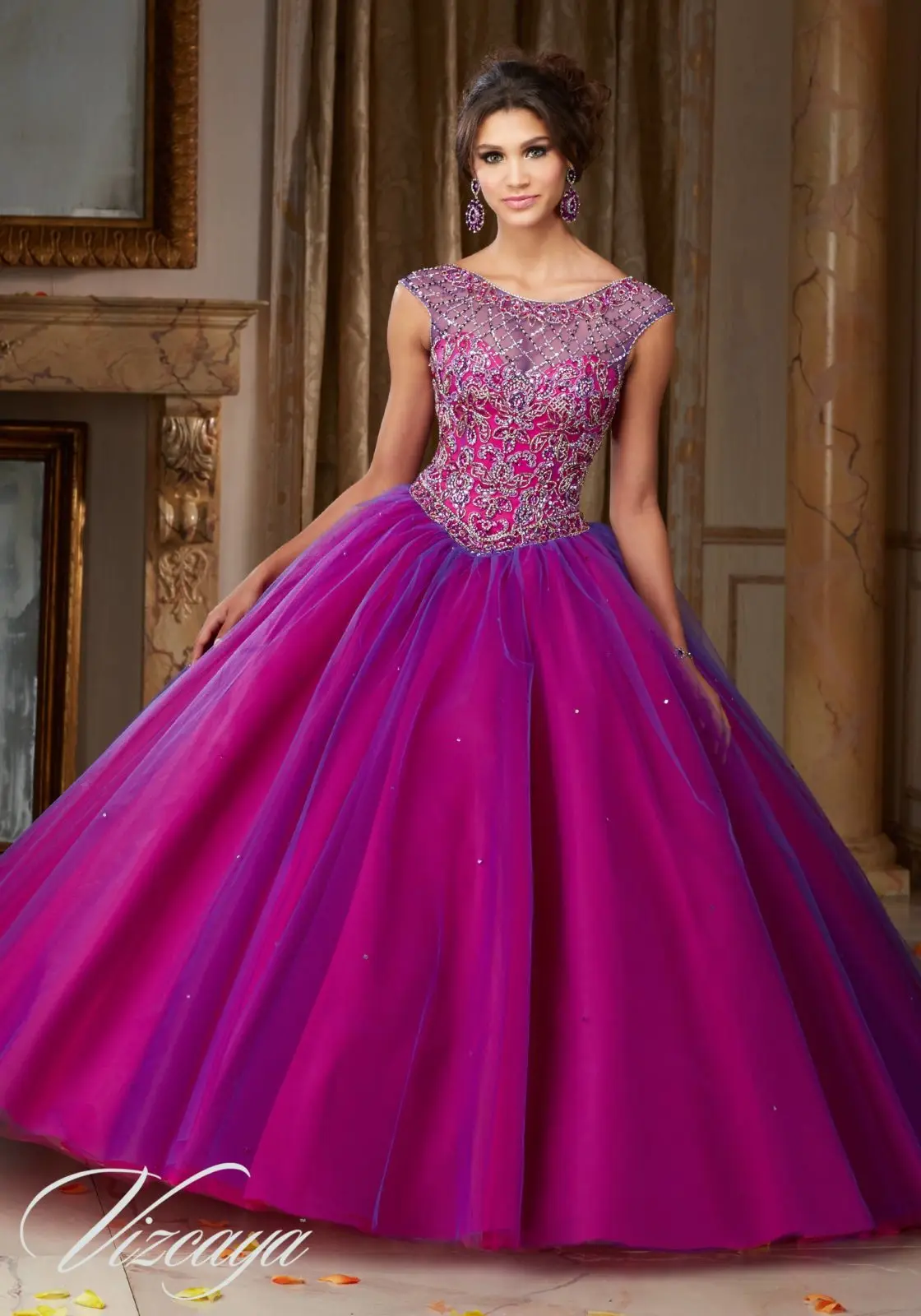 Two Tone Ball Gown Quinceanera Dresses Dark Green Cap Sleeves Fuchsia Debutante Dress Beaded Sweet 16