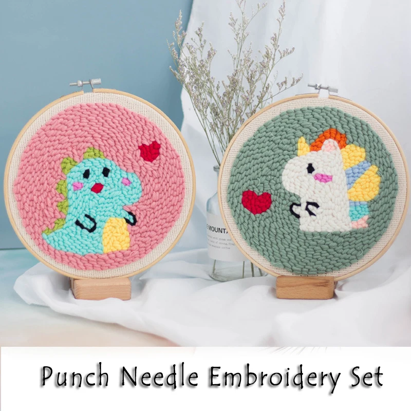 

Fashion Cartoon Pattern Punch Needle Embroidery Kit with Hoop Needlework Wool Work Beginner Sewing Kits Handmade Decor Gift