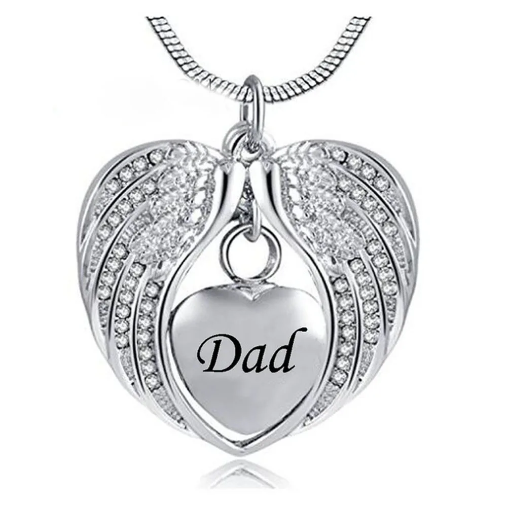 Crystal Charm Angel Wing Hold Heart Cremation Urn Necklace -Engraving Mom/Dad/Son Keepsake Memorial Jewelry for ashes