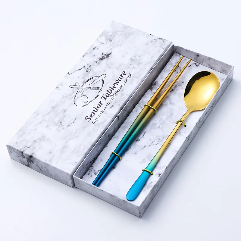 

New Arrival Korean Food Gradient Color Chopsticks Spoon Set with Gift Box Steel Dessert Spoon Chinese Chop Sticks Cutlery