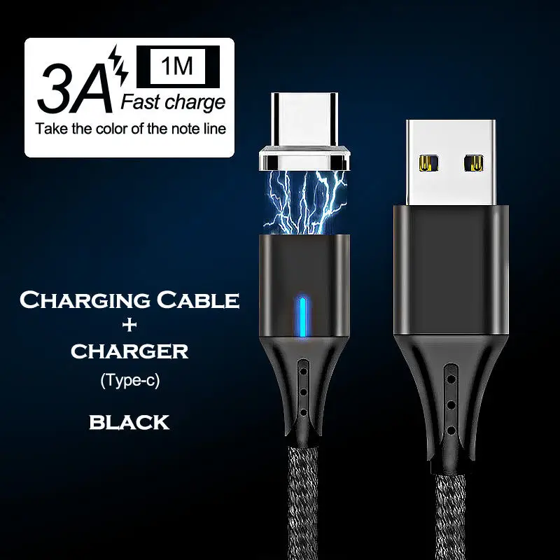 Магнитный usb-кабель для передачи данных 3 a, 1 м, 2 м, для iPhone X, XS, XS, MAX, светодиодный, mi, cro, USB, быстрое зарядное устройство, type-C, кабель для huawei, samsung Xiaomi mi 9 - Цвет: Black For Type C