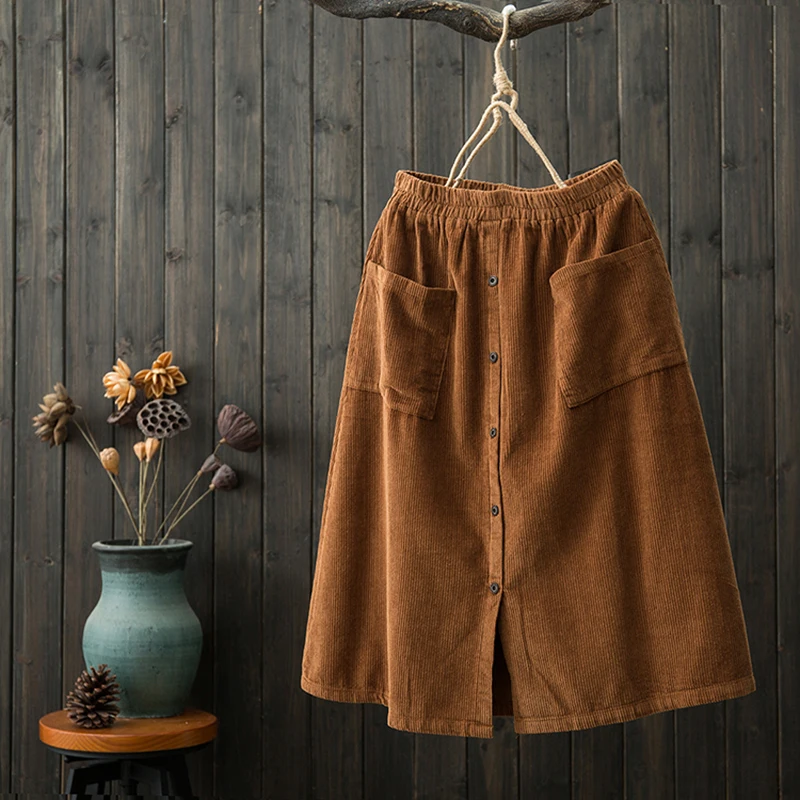 Вельветовая однобортная эластичная талия карман винтажная трапециевидная юбка Мори для девушки осень зима