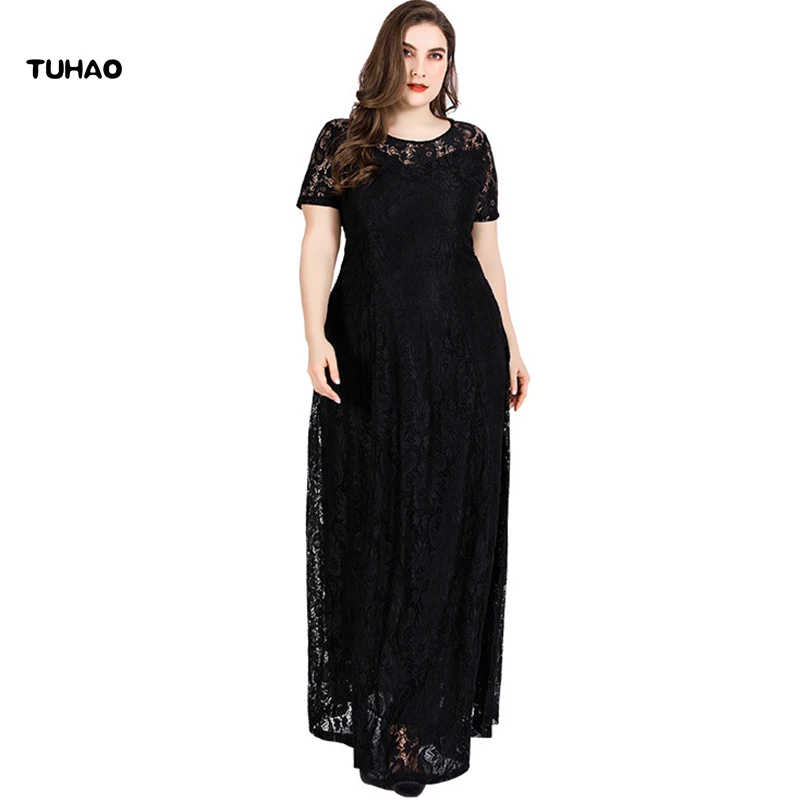 

TUHAO Large Size 6XL 5XL Sexy Lace Elegant Party Dress Maxi Long Short Sleeve Big Swing Office Lady Black White Dress SJ09