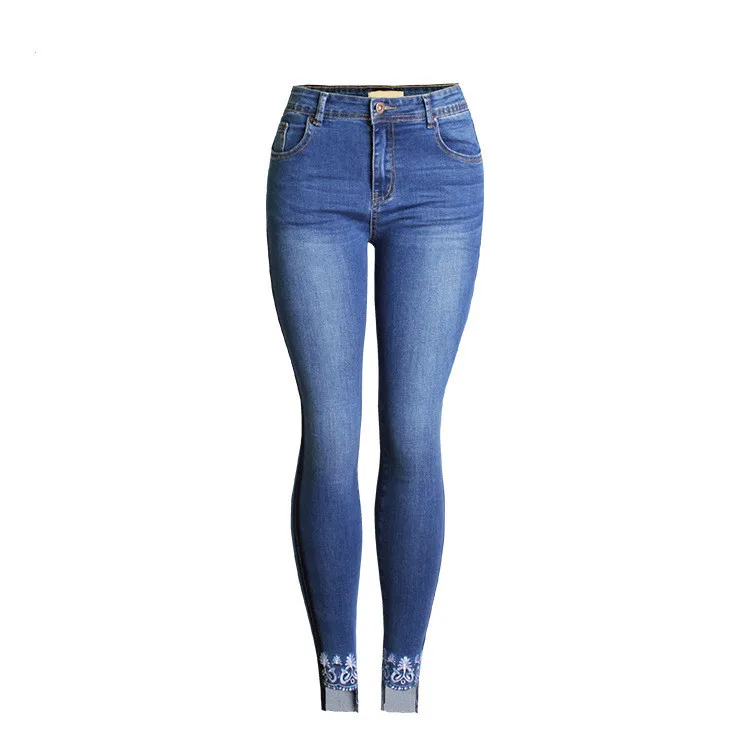 High Waist Jeans Embroidered Denim Pencil Pants Hot Fashion Stretchable Skinny Jeans Women Blue Color Slit Foot Jeans Female (6)