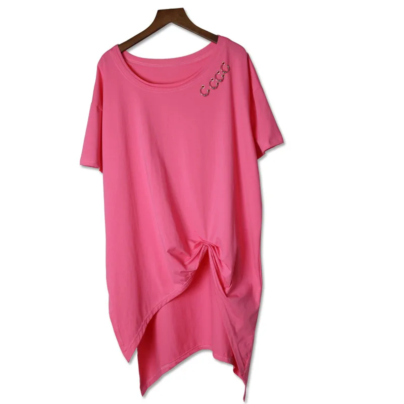 Solid High Low Top Summer New Style O Neck Short Sleeve Fashion T shirts Rivet Irregular hem women tops lady Vintage t shirt | Женская