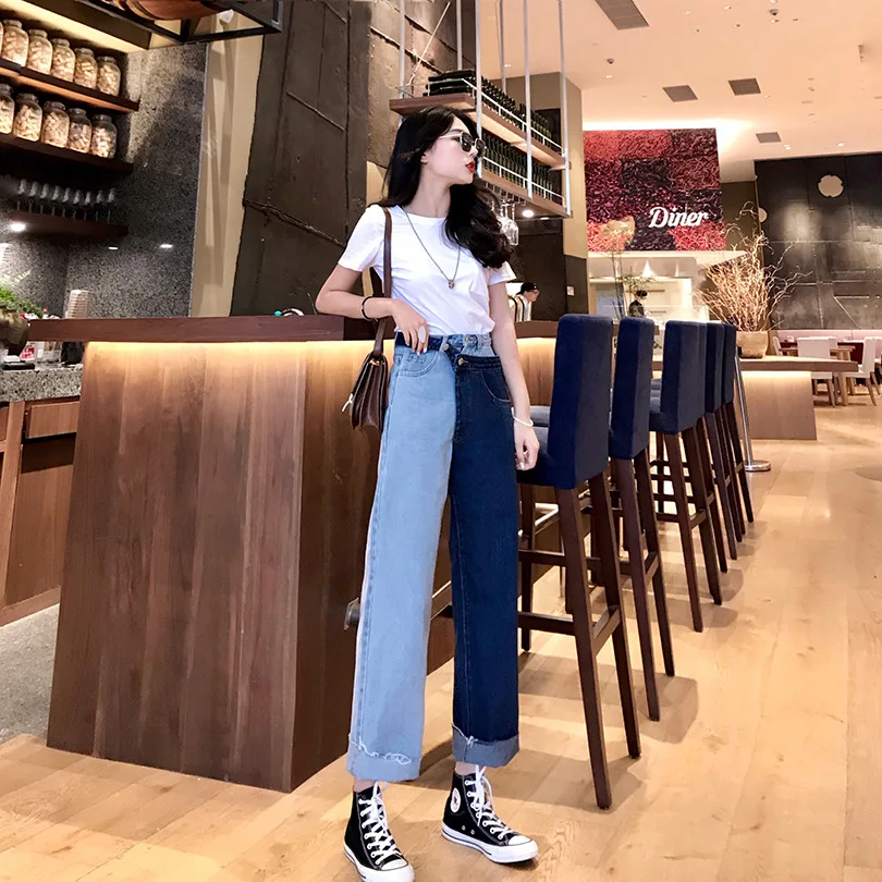 spring New style mock two-piece contrasting color stitching jeans women's Hong Kong-style slimming straight-cut ankle-lengt