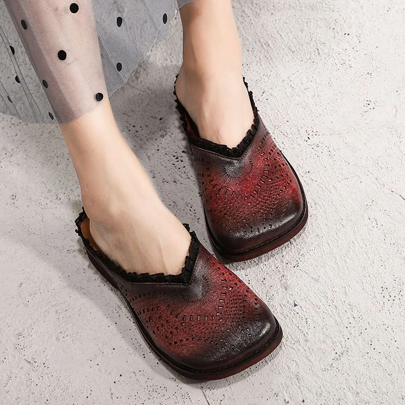 

Genuine Leather Low Heels Sandals Women Slip On Summer Shoes Square Toe Womens Sllippers Outside