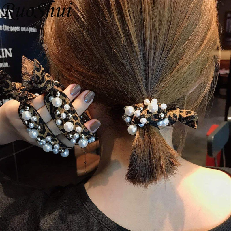 

New Korean Women Pearls Leopard Elastic Hair Bands Colorful Striped Headbands Ponytail Holder Hair Ties Girls Hair Accessories