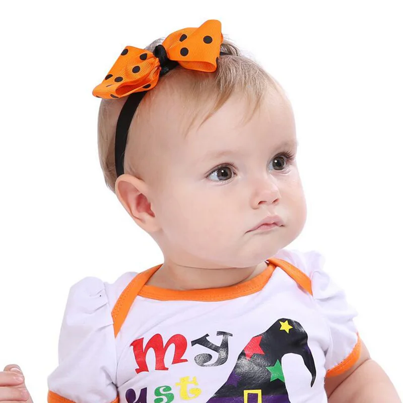 PPCrafts Halloween Orange Bow Dot Ribbon Elastic Hairband For Holiday Party Cute Girls Kids Headwear Accessories |