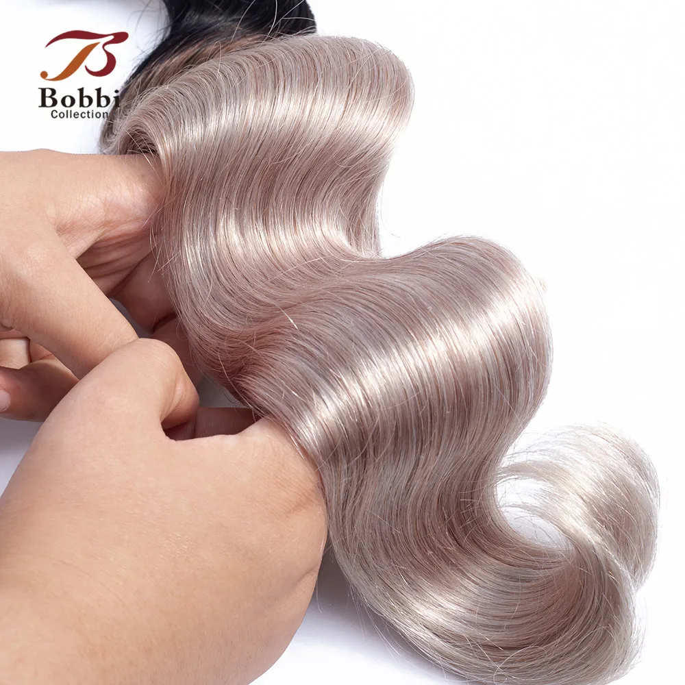 BOBBI COLLECTION 2/3 Bundles With Closure Ombre White Grey Peruvian Body Wave Hair Pre-Colored Remy Human Hair Extensions
