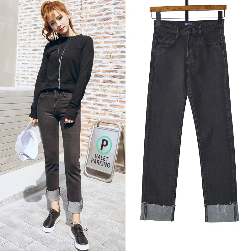 

New Female Casual Boy Friend Hole Ripped Denim Jeans for Women Long Cuffs High Weist Straight Pants Size XL Loose Trousers