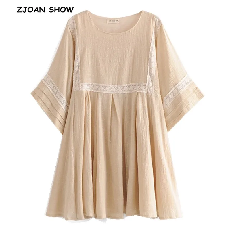 

2019 Bohemian Spliced Lace Cotton Linen Short Dress Beige Ethnic New Woman Loose Half Sleeve Straight Dresses Femme Vestidos