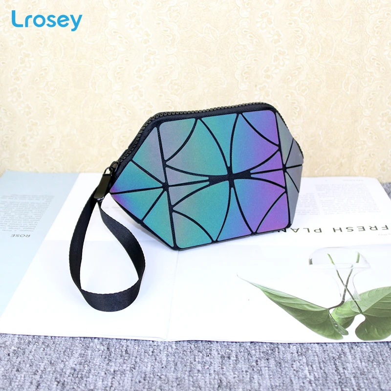 Fashion folding makeup organizers geometric rhombic colorful luminous waterproof bags small handbag female travel cosmetic bag