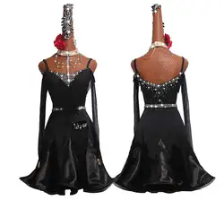 DHL Бесплатная доставка латинский платье для танцев пикантные черные с длинным рукавом стандартная юбка Для женщин Конкуренции Платья ча-ча
