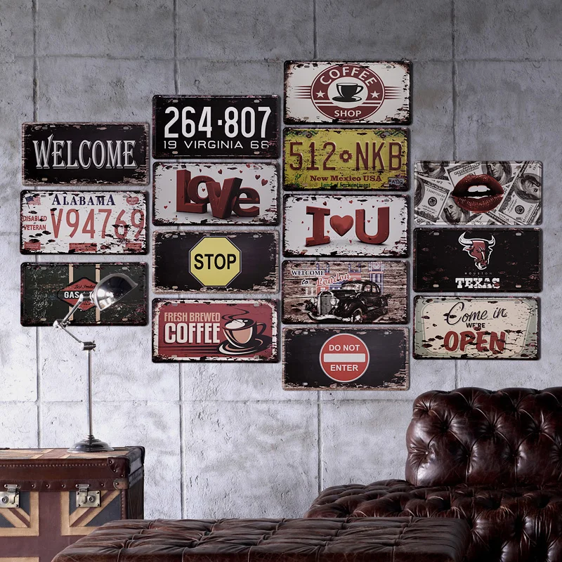

American retro wall painting vintage iron art license plate decorative painting metal sheet painting decoration in bars cafes
