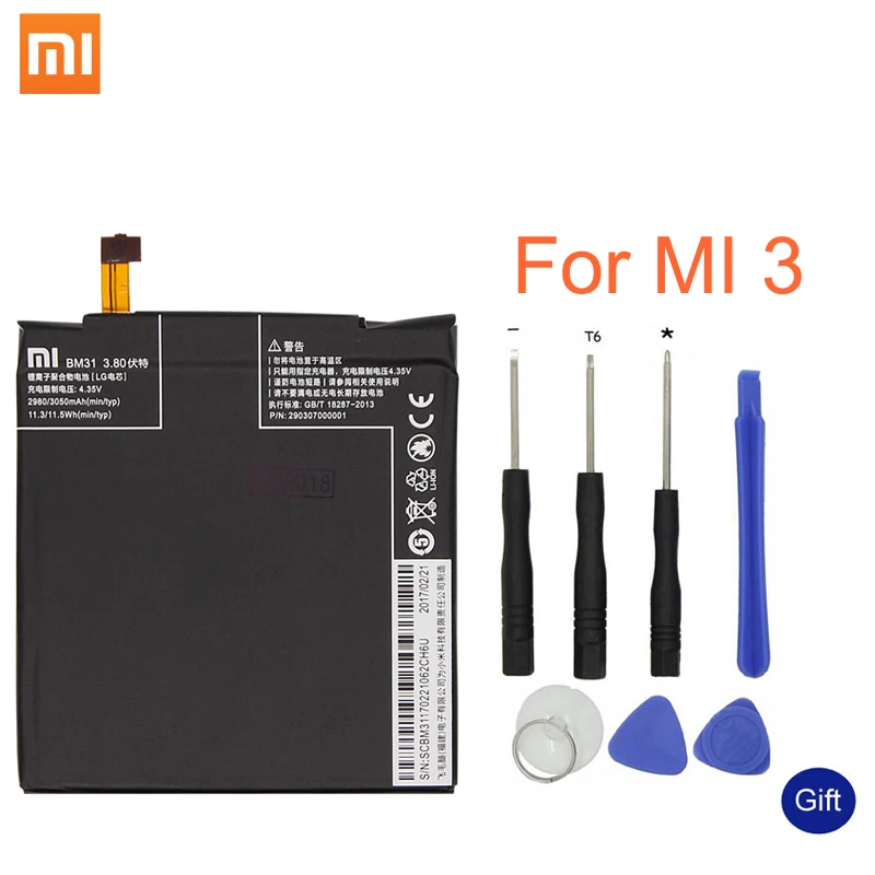 

Xiao mi Original Replacement Battery BM31 For Xiaomi Mi 3 Cellphone Battery 3050mAh High Capacity Rechargeable