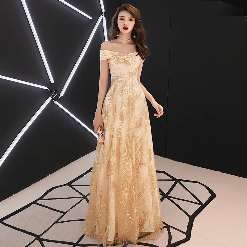 Великолепные золотые вечерние платья Длинные платья для особых случаев сексуальное длинное вечернее платье трапециевидной формы с вырезом лодочкой вечерние платья ES2446