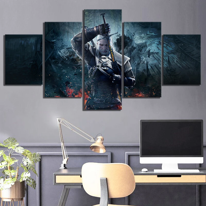 

Print Canvas Wall Art Modular Poster HD 5 Panel Geralt Of Rivia The Witcher 3 Game Modern Picture Home Decor Painting Bedroom