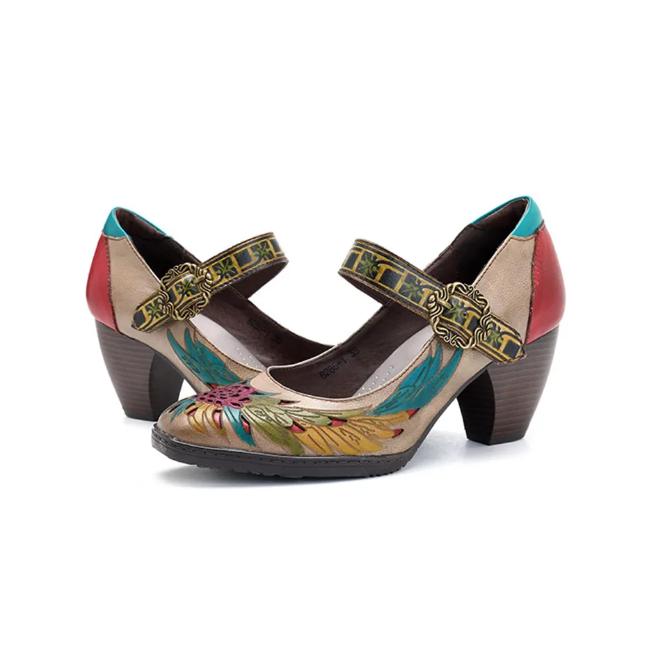 Vintage Printed Pumps Women Shoes Genuine Leather Block High Heels Ankle Buckle Strap Mary Janes Shoes Woman Retro Heels Zapato (7)