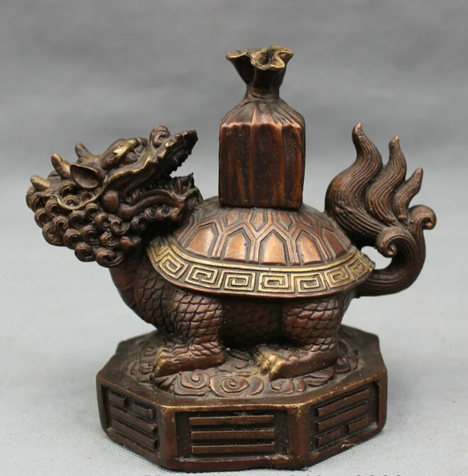 

song voge gem S3496 Chinese Pure Bronze Seal Stamp On Longevity Shou Dragon Turtle Statue Figurine