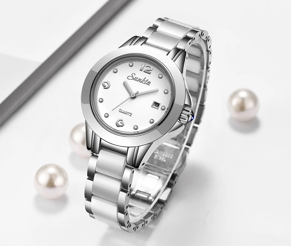 Montre Femme 2019 SUNKTA новые роскошные женские часы розовые керамические золотистые женские часы с бриллиантами подарок кварцевые наручные часы