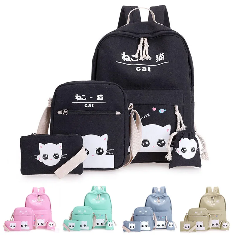 

Lovely Cat Printing Backpack Women Canvas Backpack School Bags For Teenagers Ladies Casual Cute Rucksack Bookbags 4 Pcs/Set